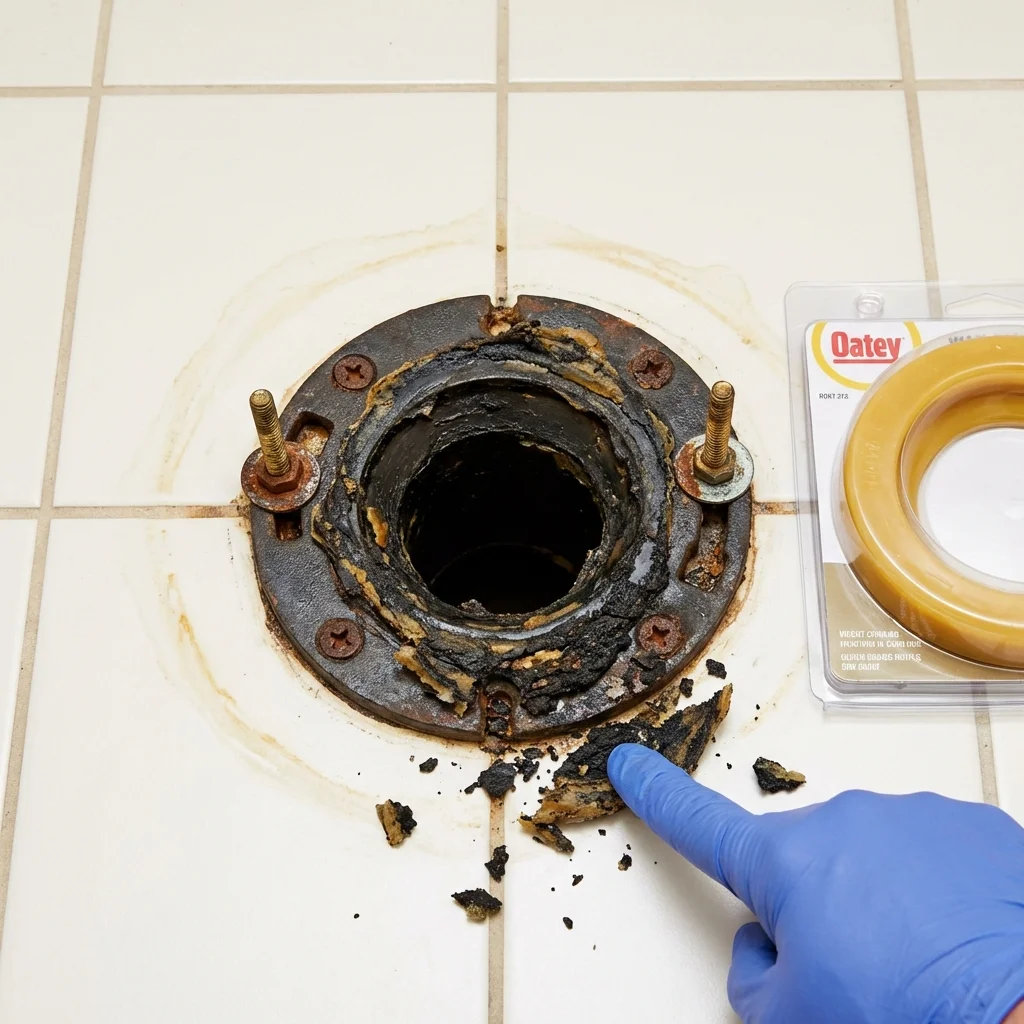 Failed wax ring showing water seepage at the base of a toilet in a Jasper, TX home